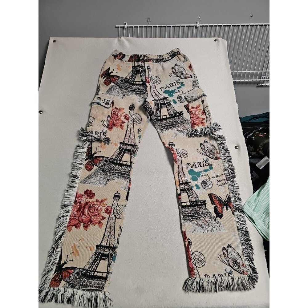 Guapi Pants Womens Sz 32 Waist  12/14 Elastic  Fringe Edge Floral Eiffel Paris